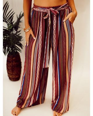 Ethnic pattern stripe pattern with waistband wide leg pants