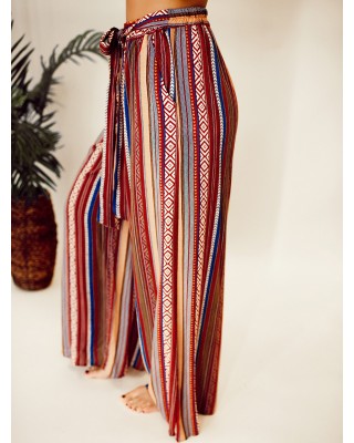 Ethnic pattern stripe pattern with waistband wide leg pants