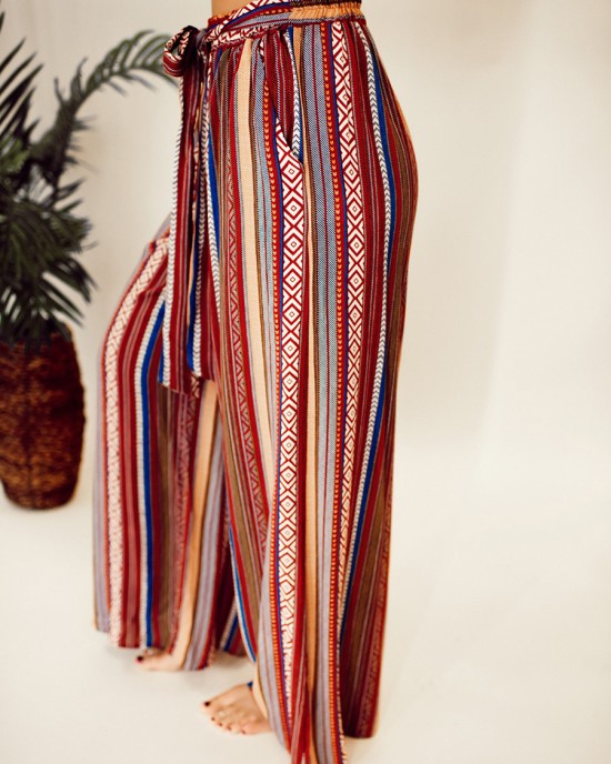 Ethnic pattern stripe pattern with waistband wide leg pants