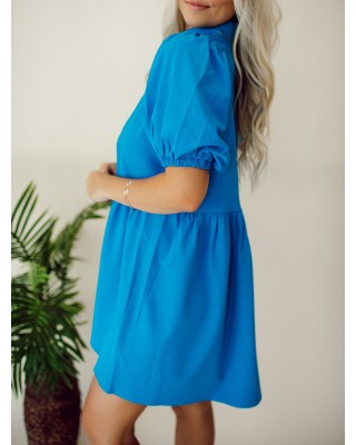 Blue Button Bubble Sleeve Shirt Dress