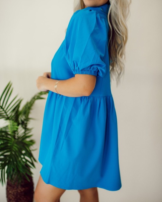 Blue Button Bubble Sleeve Shirt Dress