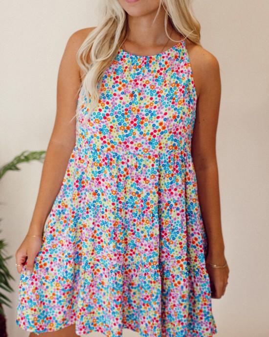 Floral patterned lace up hollowed out dress