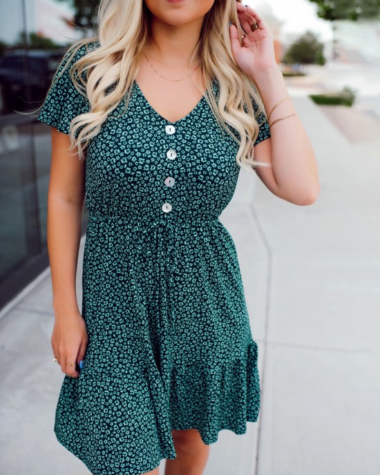 Green Flower Pattern Button Dress