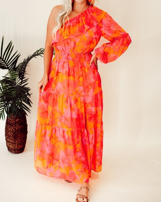 Rose Orange Flower Single Shoulder Long Dress