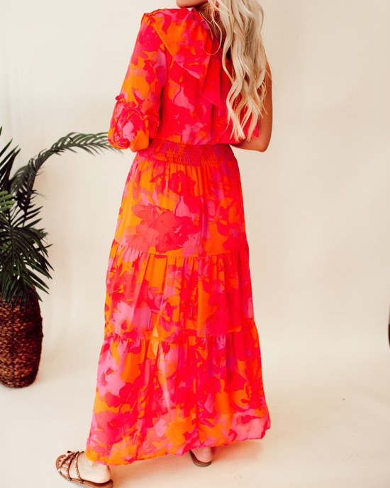 Rose Orange Flower Single Shoulder Long Dress