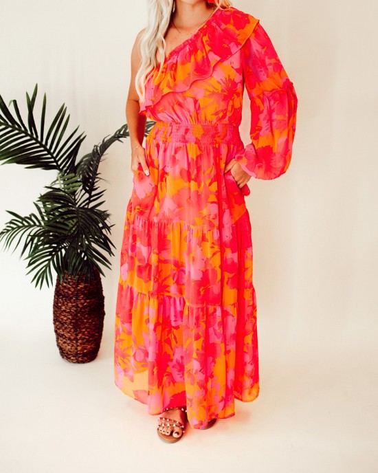 Rose Orange Flower Single Shoulder Long Dress