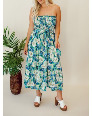 Floral patterned strapless mid length dress