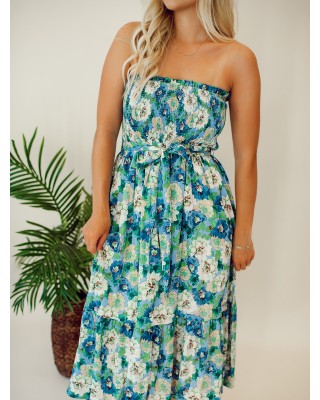 Floral patterned strapless mid length dress