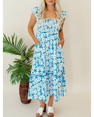 Blue floral pleated mid length dress