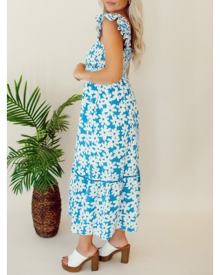 Blue floral pleated mid length dress