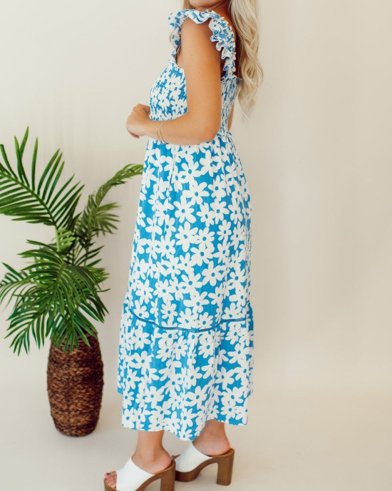 Blue floral pleated mid length dress