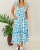 Blue floral pleated mid length dress