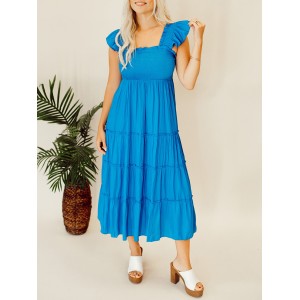 Blue pleated ruffled mid length dress