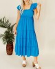 Blue pleated ruffled mid length dress