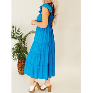 Blue pleated ruffled mid length dress