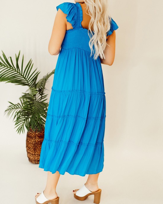 Blue pleated ruffled mid length dress