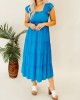 Blue pleated ruffled mid length dress