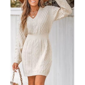 Women's Casual Cable Knit V-Neck Sweater Dress