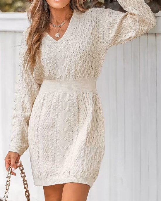 Women's Casual Cable Knit V-Neck Sweater Dress