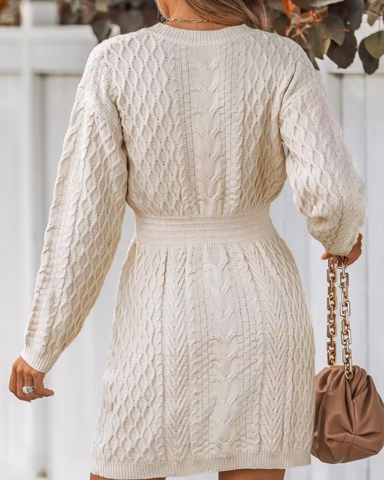 Women's Casual Cable Knit V-Neck Sweater Dress