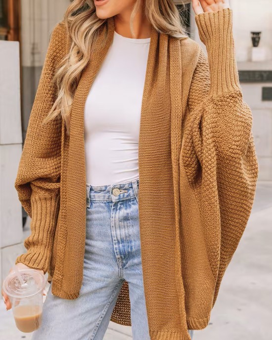 Camel Textured Knit Cardigan