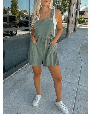 Linen wood buckle pocket jumpsuit shorts with straps