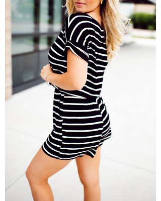 Black and white striped drawstring jumpsuit shorts