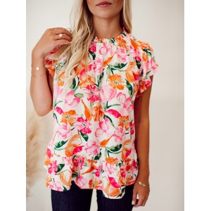 Pink and orange floral pattern pleated top