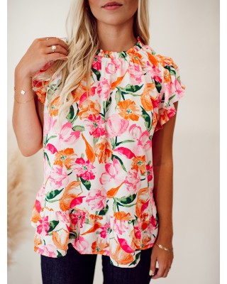 Pink and orange floral pattern pleated top