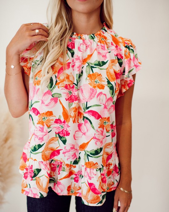 Pink and orange floral pattern pleated top