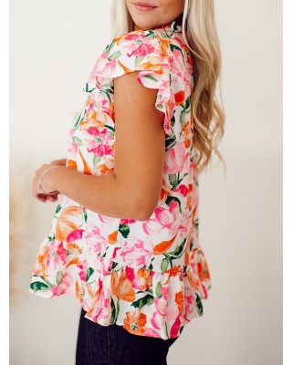 Pink and orange floral pattern pleated top