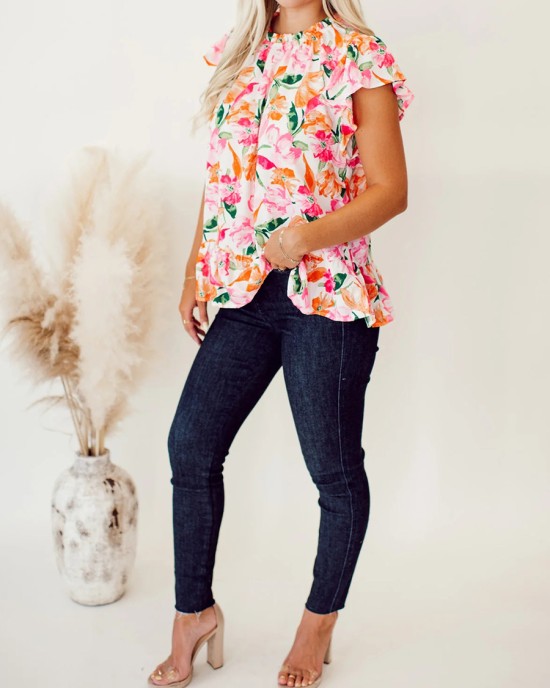 Pink and orange floral pattern pleated top