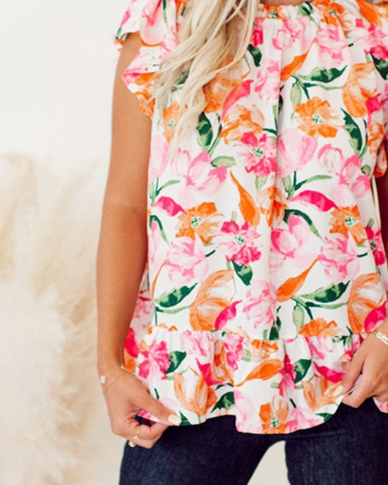 Pink and orange floral pattern pleated top