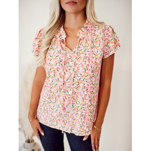 Flower pattern tie up layered short sleeved top