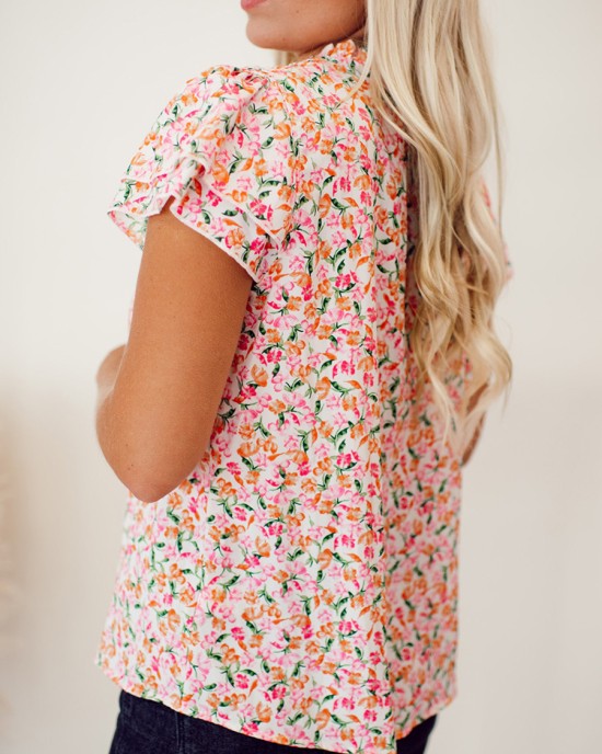 Flower pattern tie up layered short sleeved top