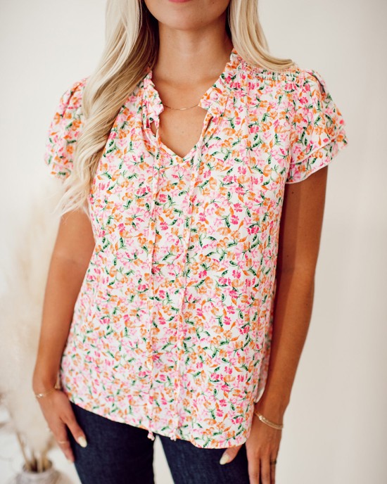 Flower pattern tie up layered short sleeved top