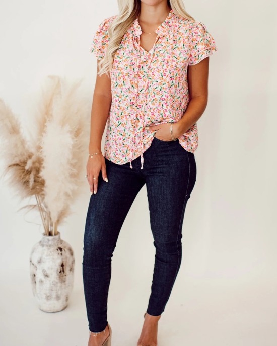 Flower pattern tie up layered short sleeved top