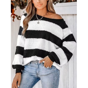 Women's Striped One Shoulder Plush Knitted Sweater