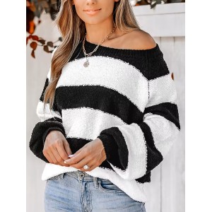 Women's Striped One Shoulder Plush Knitted Sweater