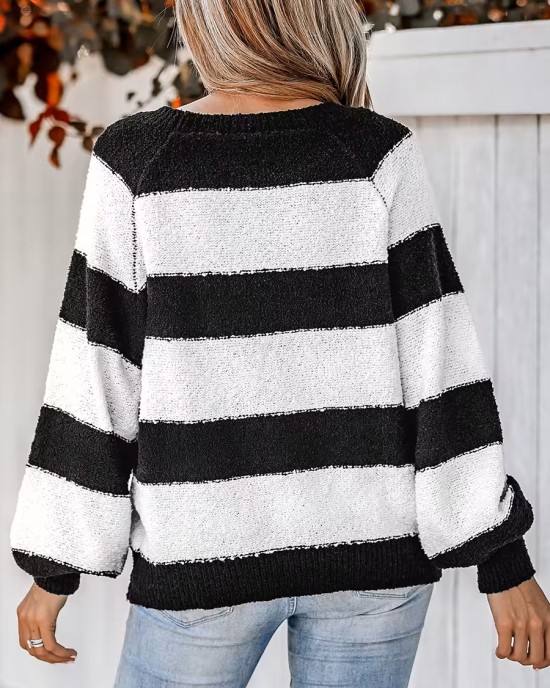 Women's Striped One Shoulder Plush Knitted Sweater