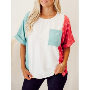 Spliced Contrast Pocket Split Color Block Top