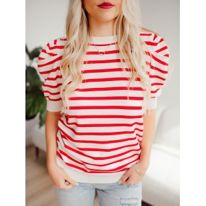 Red striped bubble sleeved sweater top