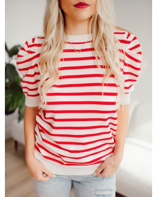 Red striped bubble sleeved sweater top