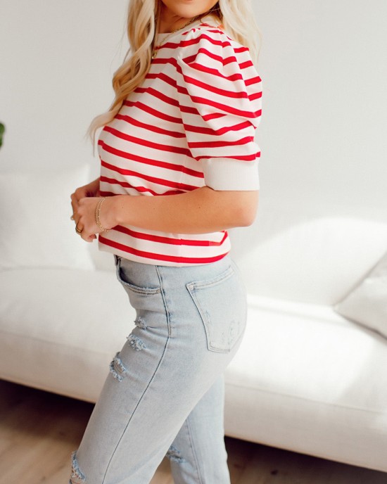 Red striped bubble sleeved sweater top