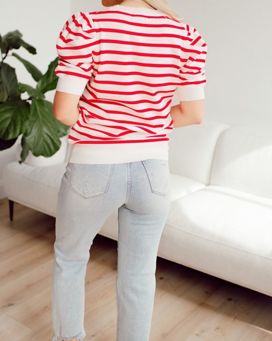 Red striped bubble sleeved sweater top