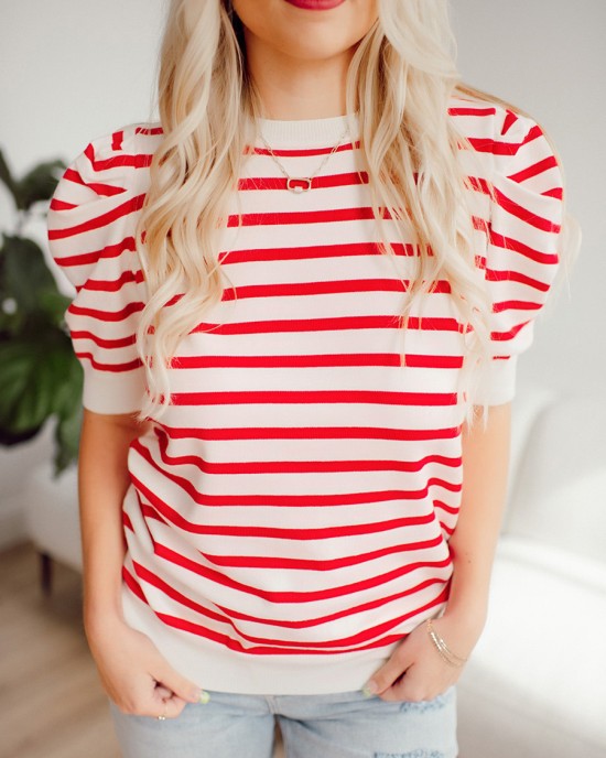 Red striped bubble sleeved sweater top