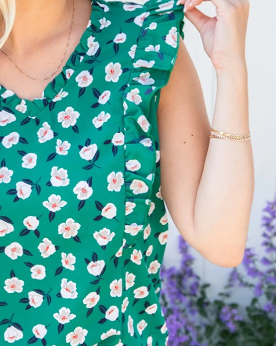 Green floral ruffled short sleeved shirt